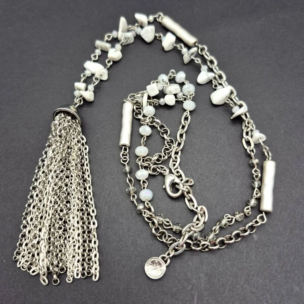 Simply Vera Wang Sliver Tone Glass Bead Natural Stone Tassel Pendant Necklace